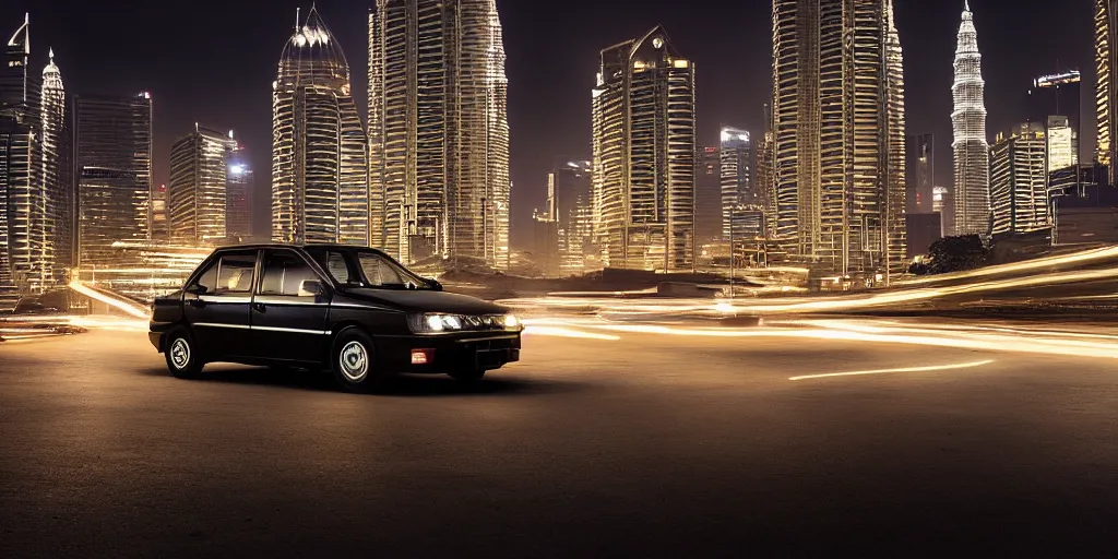 Image similar to proton saga in the middle of a malaysia city at night, gold black color, unreal 5, hyperrealistic, realistic, photorealistic, dynamic lighting, highly detailed, cinematic landscape, studio landscape, studio lighting