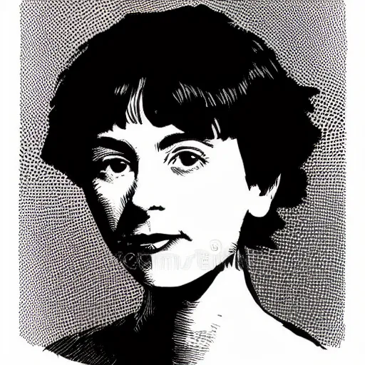 Prompt: portrait of young amélie poulain, vector art, line art, engraving illustration