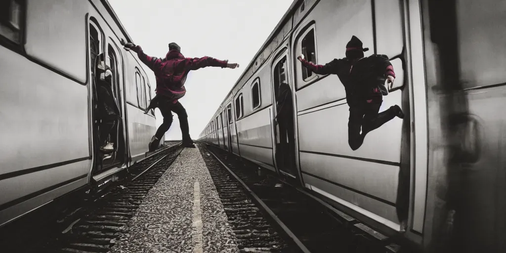 Image similar to person jumping into a train