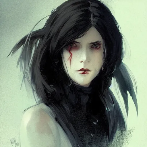 Image similar to female human vampire witch in the style of greg rutkowski, makoto shinkai, trending on artstation, character design, concept art, pretty face, highly detailed, long black hair, portrait, digital art