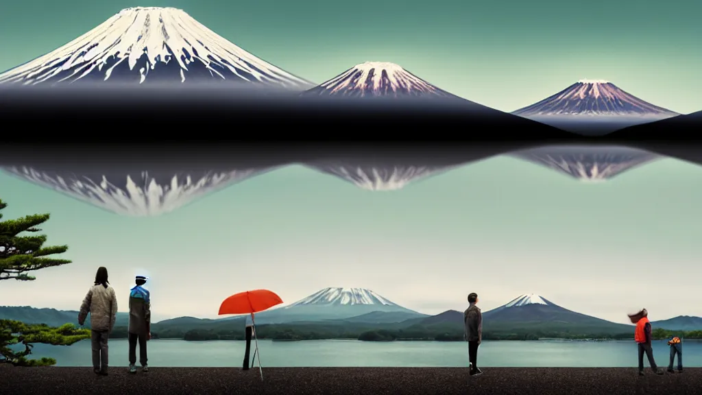 Image similar to an overlook scene of two travellers and their camper, at the edge of yamanaka lake reflecting mount fuji overcast sky, a collage painting, in the style of wes anderson, lola dupre, david hockney, isolated on negative white space background dark monochrome neon spraypaint accents volumetric octane render