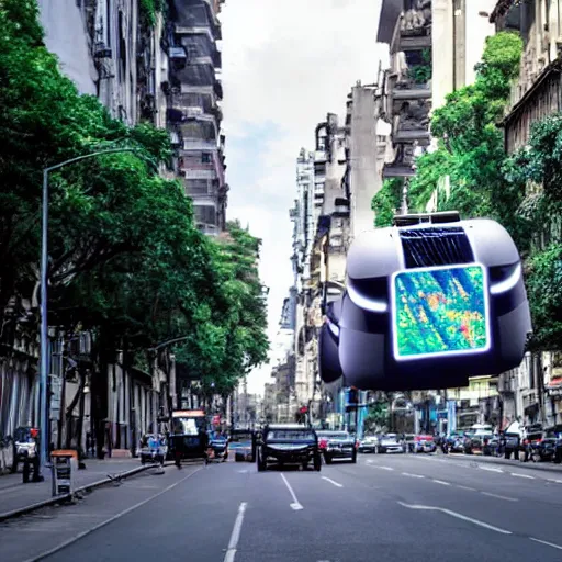 Image similar to Buenos Aires, futuristic, flying cars, futuristic hologram screens in the street