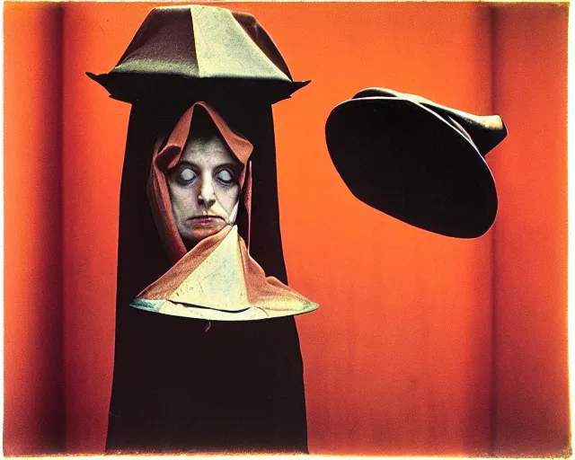 Image similar to by francis bacon, vivian maier, mystical redscale photography evocative. religious relics, priestess in red capirote