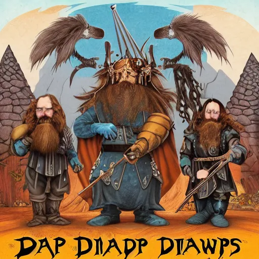 Prompt: album cover for an album of a metal band composed of five fantasy dwarfs, the band is called the sharp dwarves