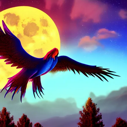 Prompt: Glowing Blue Phoenix Flying in Front of the Bright Full Moon Over the Forest at Night, Digital Art, HDR, Artstation
