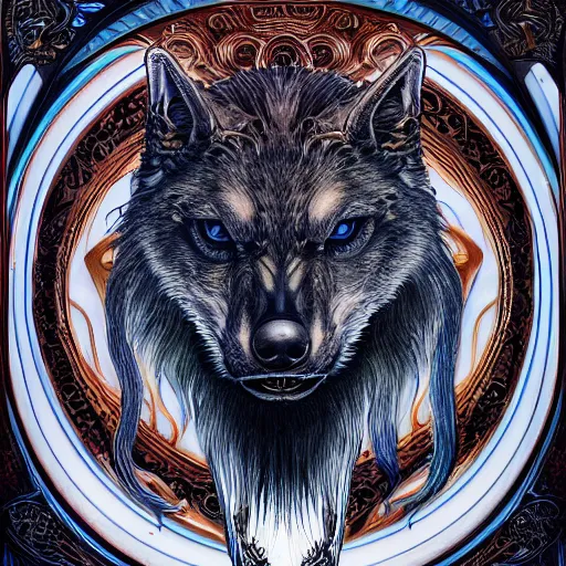 Image similar to portrait of werewolf made with porcelain by Jeff Easley and Peter Elson + beautiful eyes, beautiful face + symmetry face + border and embellishments inspiried by alphonse mucha, fractals in the background, galaxy + baroque, gothic, surreal + highly detailed, intricate complexity, epic composition, magical atmosphere + masterpiece, award winning + trending on artstation