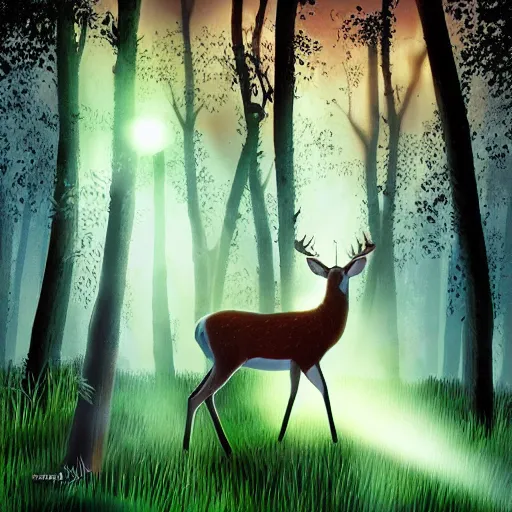 Prompt: white glowing deer standing in the middle of a forest at night, a hologram by wolfgang zelmer, featured on deviantart, magic realism, made of mist, bioluminescence, storybook illustration