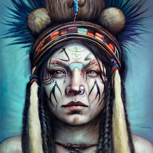 Image similar to A young blindfolded shaman woman with a decorated headband performing a pagan ritual, in the style of heilung, blue hair dreadlocks and wood on her head, tribal piercing and tatoos , atmospheric lighting, intricate detail, cgsociety, ambient light, dynamic lighting, art by karol bak