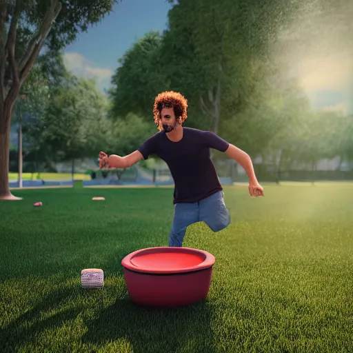 Prompt: a - man - playing - frisbee - with - his - pet - toilet, ultra - detail, photorealistic, park, trees, sunlight, shade, grass, hyper - realistic, octane render, 4 k