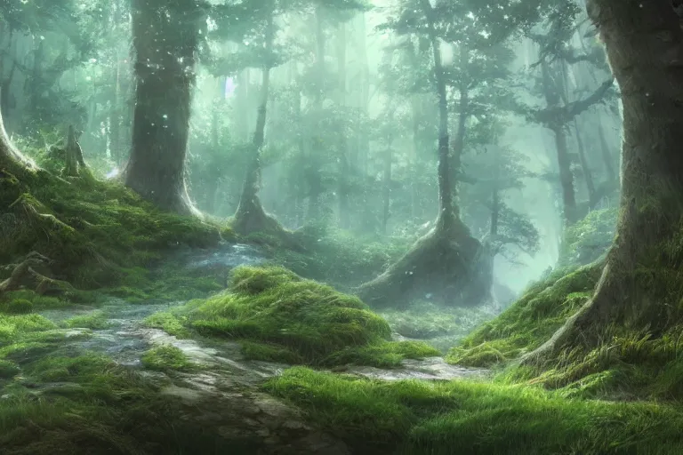 Image similar to concept art fantasy landscape, mythical forest, hayao miyazaki, studio ghibli, anime, hyper realistic, ambient lighting, concept art, intricate, hyper detailed, smooth, dynamic volumetric lighting, octane, raytrace, cinematic, high quality, high resolution, 4 k, cgsociety