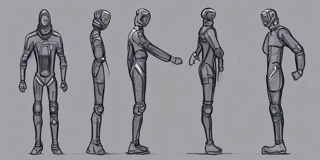 Prompt: male, elongated figure, space suit, large shoulders, short torso, long thin legs, tiny feet, character sheet, digital sketch, very stylized, concept design