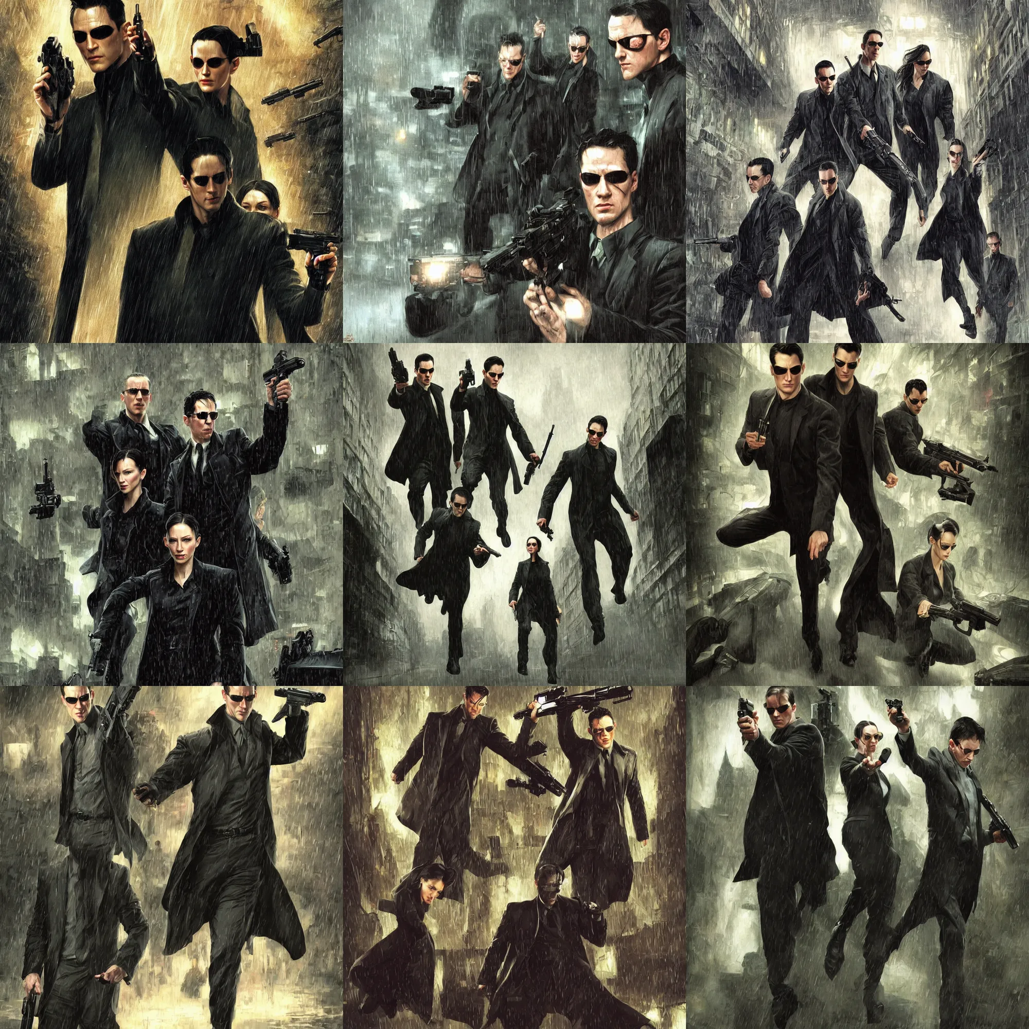 Prompt: Agents from the matrix movie, Agents are pointing a gun directly to Mr. Anderson in heavy rain, D&D, scifi, portrait, highly detailed, digital painting, artstation, concept art, sharp focus, illustration, art by artgerm and greg rutkowski and magali villeneuve and alphonse mucha,Lucas Graciano, digital art, steve argyle, peter Mohrbacher, Davi Blight, orientalism and bouguereau and Zdzislaw Beksinski