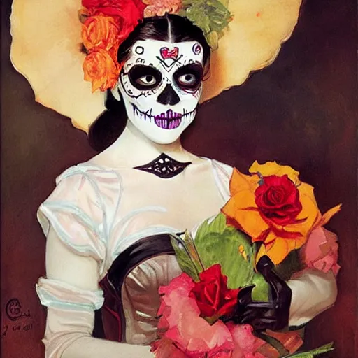 Image similar to Poster art of a cute Día de los Muertos girl by J. C. Leyendecker