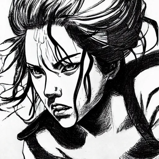 Prompt: scarlett johansson with angry expression wearing gi. dramatic lighting, afro samurai anime style, pencil and ink manga drawing, centered in panel - n 9