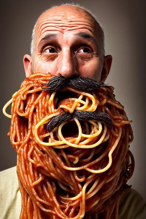 Image similar to extremely detailed portrait of old italian cook, spaghetti mustache, slurping spaghetti, spaghetti in the nostrils, spaghetti hair, spaghetti beard, huge surprised eyes, shocked expression, scarf made from spaghetti, full frame, award winning photo by jimmy eolo perfido