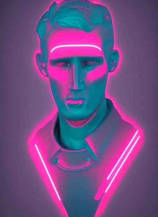 Image similar to bust of uberchad with chiseled jaw, beeple, vaporwave, retrowave, black background, neon wiring, black, glitch, strong contrast, cuts, pinterest, trending on artstation
