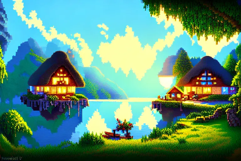 Prompt: view of a cottage above an azure lake, beautiful detailed pixelart by waneella and by albertov, intricate details, beautiful, volumetric lighting, cgsociety, artstation