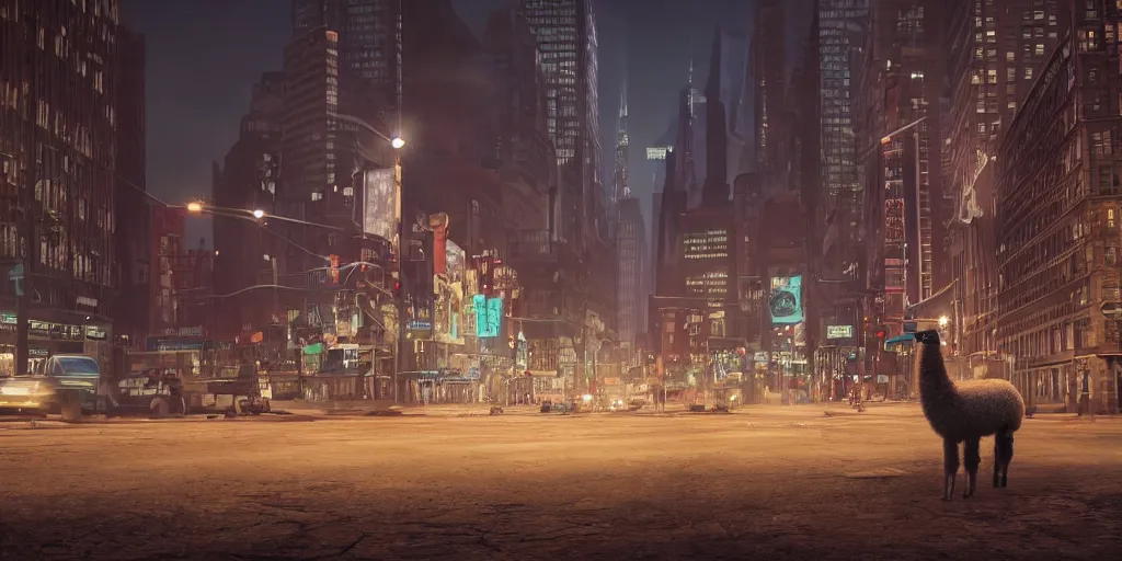 Image similar to a llama walking through a desolate manhattan city street at night, statue of liberty seen in the background, realistic 4 k octane beautifully detailed render, 4 k post - processing, highly detailed, intricate complexity, epic composition, magical atmosphere, cinematic lighting, masterpiece, ultra hd