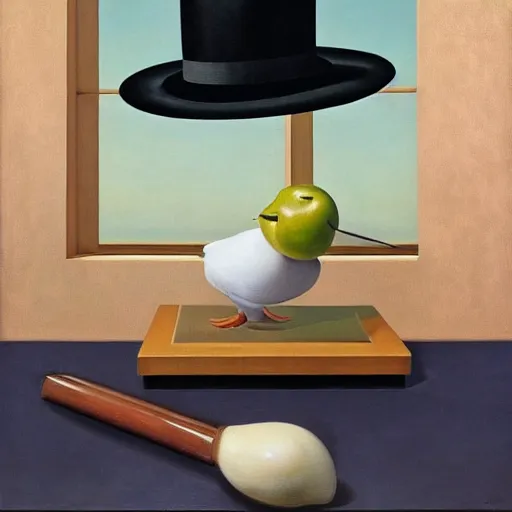 Prompt: a magritte painting masterpiece exposed in Paris : a pipe smoking apple on a dove with black hat , This 4K HD image is Trending on Artstation, featured on Behance, well-rendered, extra crisp - n 9