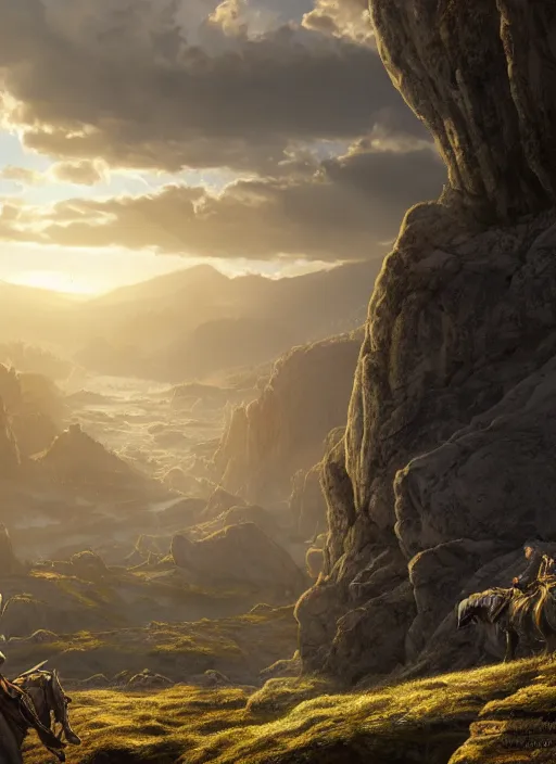 Image similar to medieval adventurer in lord of the rings scenery landscape, looking out at a vast valley at sunrise with mountains in the distance, god's rays, highly detailed, cinematic lighting, perfect composition, 4 k, gustave dore, derek zabrocki, greg rutkowski, belsinski, octane render