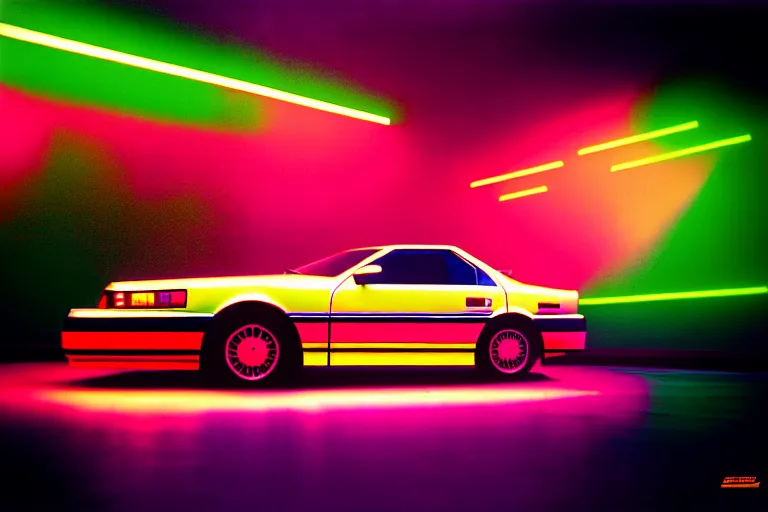 Prompt: stylized poster of a single 1 9 8 8 soarer, thick neon lights, ektachrome photograph, volumetric lighting, f 8 aperture, cinematic eastman 5 3 8 4 film