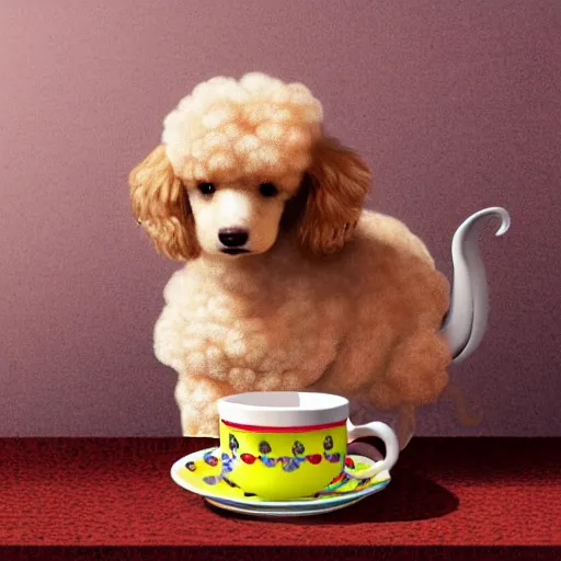 Image similar to very realistic cute poodle sitting inside a tea cup