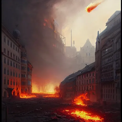 Image similar to city of munich destroyed by a meteor!!!, rubble!!, fires!! hyperrealistic, highly detailed, cinematic, foggy light from fires, beautiful, cgssociety, artstation, 8 k, oil painting by greg rutkowski, by artgerm, by wlop