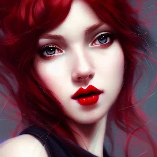 Prompt: a realistic illustration portrait of a beautiful cute girl with curly black and red hair, a pointy nose and, round chin black eyeliner, trending on artstation, hyper - realistic lighting, intricate, ross tran