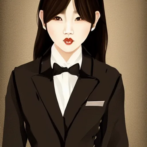 Image similar to portrait of a beautiful korean girl wearing a men's tuxedo, with long hair and bangs, angular features, angry expression, digital art, elegant pose, detailed illustration