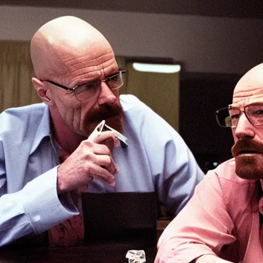 Prompt: Walter White and Jesse from Breaking Bad smoking a joint