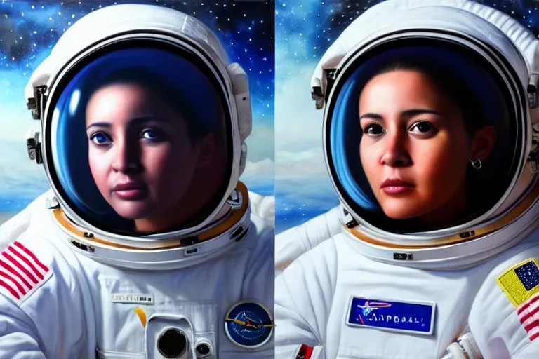 Image similar to ( ( a beautiful 8 k photorealistic masterpiece oil - painting ) ( close up ) and ( zoom out ) ( of ( sanna marin in a space suit ) ( confident world leader ( stoic ) ) ) ( hyperrealism ) ( 1 6 k ) ( trending on artstation )