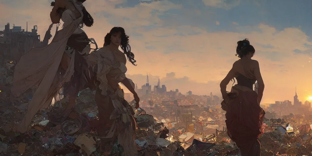 Prompt: seen from broken window!! garbage dump, city is pure wasteland, sunset in background, detailed characters, alphonse mucha, greg rutkowski, trending on artstation, artgerm, breathtaking, sharp focus, smooth, mark arian, award winning, highly detailed 4 k art