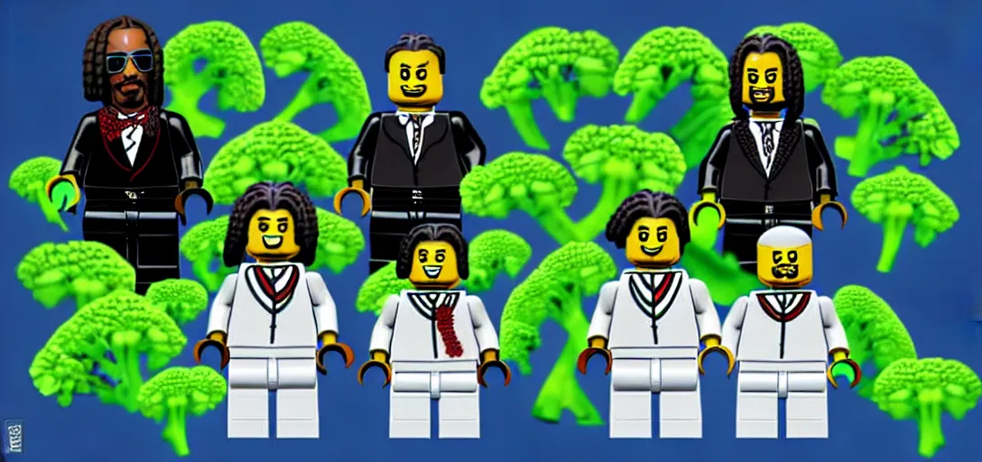 Image similar to lego snoop dogg and wizz khalifa surrounded by bunches of broccoli dean, roger digital art style