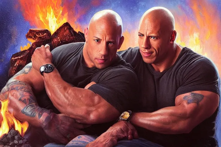 Image similar to portrait of vin diesel and dwayne the rock johnson cuddling next to a fire, an oil painting by ross tran and thomas kincade