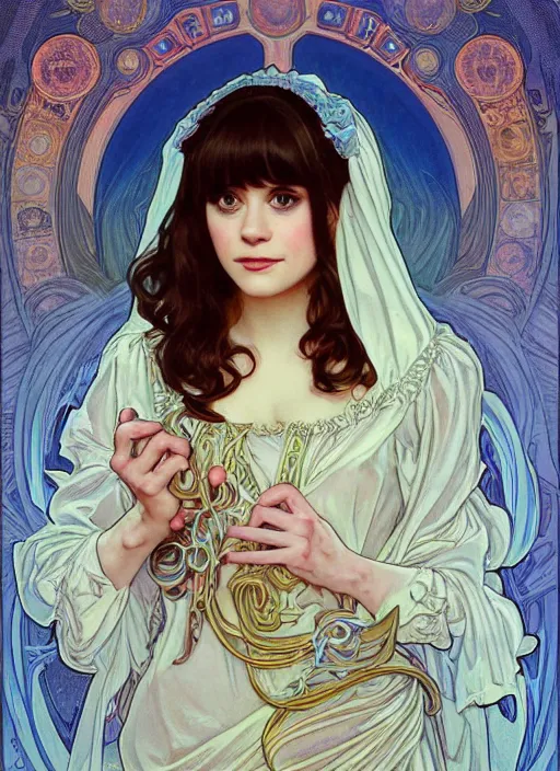 Image similar to Zooey Deschanel as God of Innocence, cute, fantasy, intricate, elegant, highly detailed, digital painting, 4k, HDR, concept art, smooth, sharp focus, illustration, art by alphonse mucha,artgerm, H R Giger