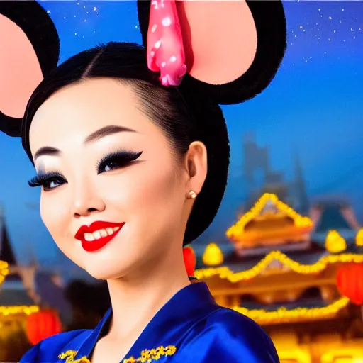 Image similar to beautiful bald chinese woman with pinup makeup wearing disneyland mouse ears standing in front of the disneyland castle at night, oil painting, highly detailed, theatrical lighting, sharp focus