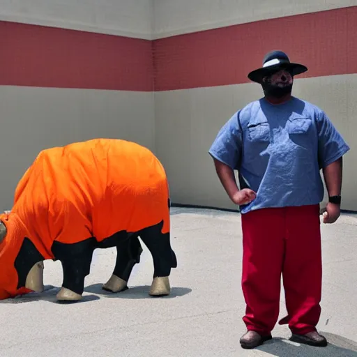 Prompt: bull disguised with orange inmate clothes