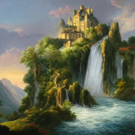 Prompt: romanticism landscape painting portraying a castle built on top of a singular mountain peak with its moat turning into waterfalls,beautiful scenery