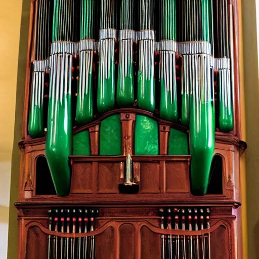 Prompt: a church organ with pipes shaped like human larynxes made from malachite