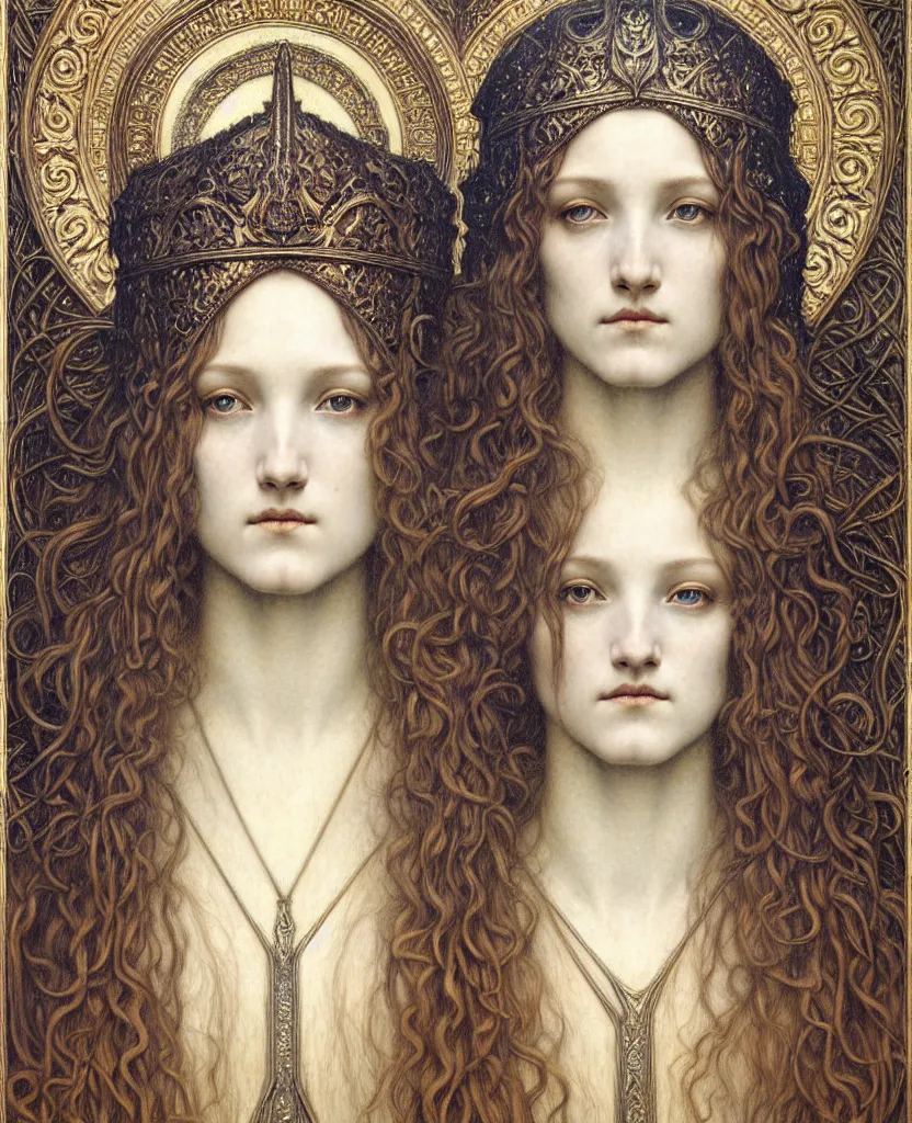 Image similar to detailed realistic beautiful young medieval queen face portrait by jean delville, gustave dore and marco mazzoni, art nouveau, symbolist, visionary, gothic, pre - raphaelite. horizontal symmetry