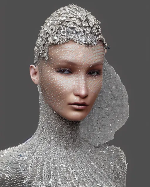 Image similar to a highly detailed metahuman 8 k close up render of bella hadid with a veil on her head and face renaissance in iris van herpen dress schiaparelli in diamonds crystals swarovski and jewelry iridescent in style of alphonse mucha trending on artstation made in unreal engine 4