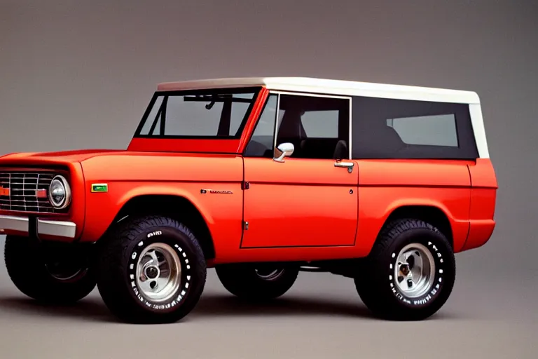 Prompt: designed by Giorgetto Giugiaro stylized poser of a single, 1973 Bronco, thick neon lights, ektachrome photograph, volumetric lighting, f8 aperture, cinematic Eastman 5384 film