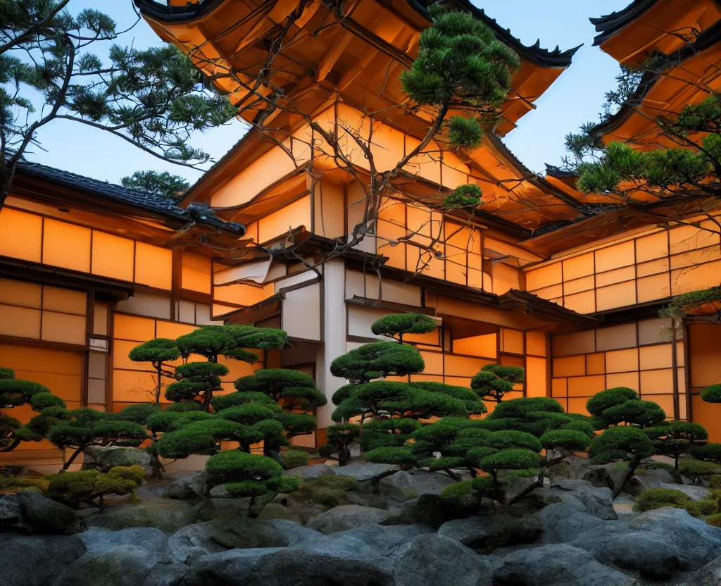 Image similar to real estate photo of the exterior of a futuristic japanese house with traditional japanese garden, dramatic lighting, smoke, ceiling fluorescent lighting, black and orange colour palette, wide angle shot