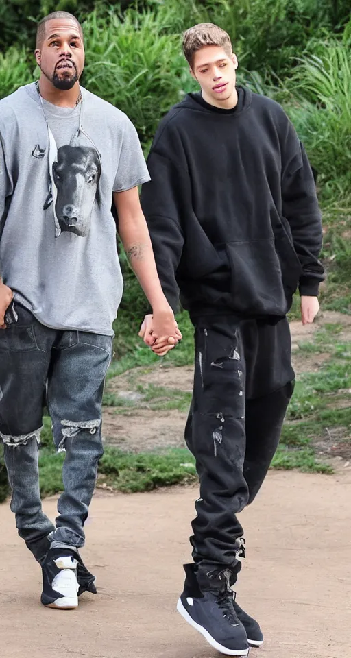 Prompt: pete davidson and kanye west holding hands at a sunset zoo park