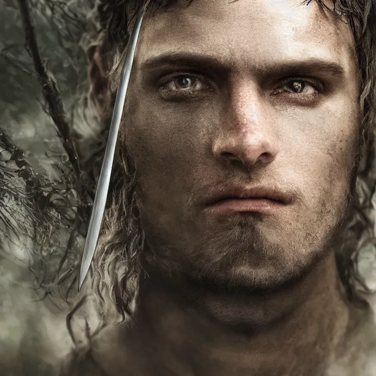 Prompt: closeup portrait photo of a male warrior, in a forest, lord of the rings style, elegant, highly detailed, centered, digital painting, smooth, sharp focus, 8 k. lifelike. soft light. nikon d 8 5 0. cinematic post - processing