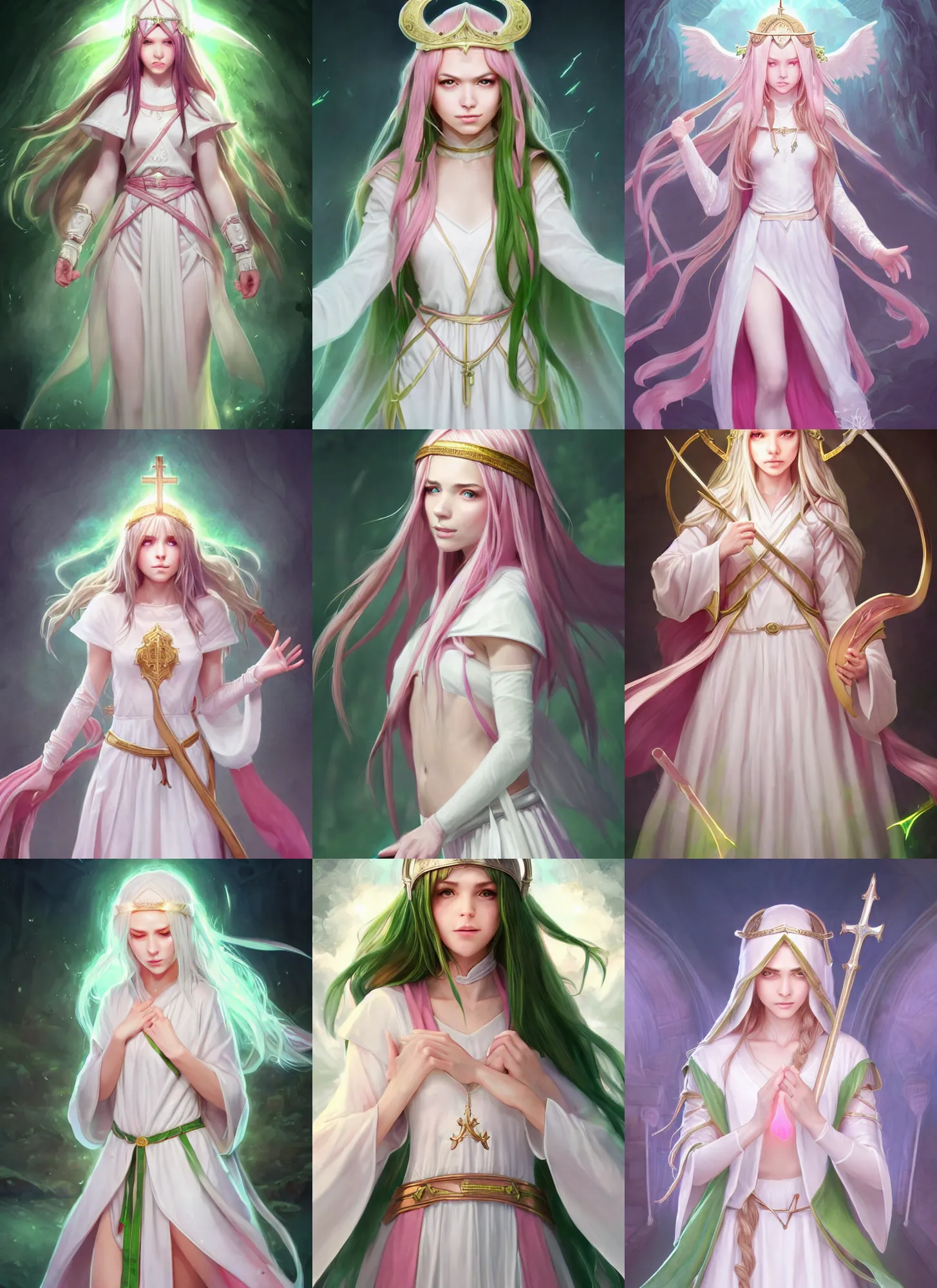 Prompt: full body portrait of a cleric, female, young, cute, white robes, pink clothes, holy, simplistic, circlet, spirits, brunette, white skin, heterochromia yellow and green, high fantasy, extremely detailed, smooth, sharp focus, digital illustration, by artgerm, rossdraws, wlop, collectible card art