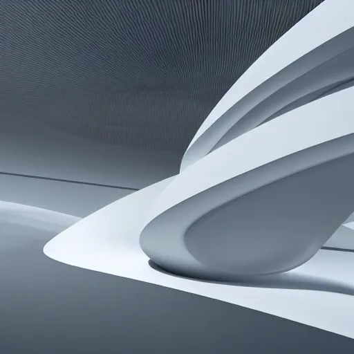 Prompt: a photograph of a futuristic architectural white shape, flowing surfaces : : architecture, product design, automotive design : : 3 d render, digital illustration, photorealism, raytracing, realistic lighting