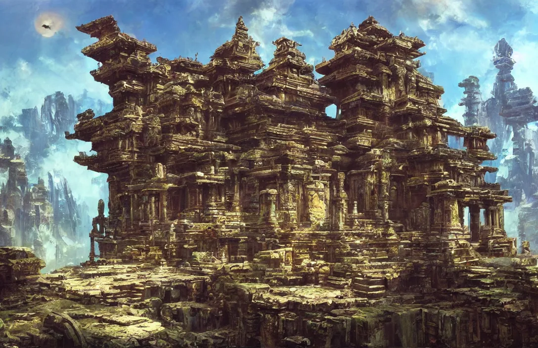 Prompt: a beautiful painting of a ancient temple on another world by john berkey | wide angle | unreal engine :. 3