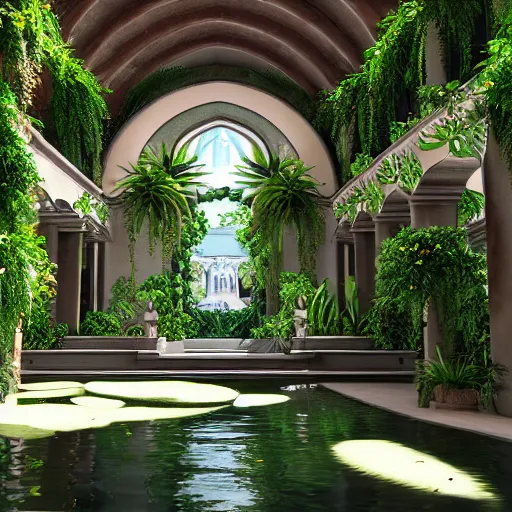 Image similar to cathedral interior with koi pond in the middle surrounded by palm trees, ivy, flowers, tropical plants, roses, and with archways. rendered in octane render with photorealistic lighting