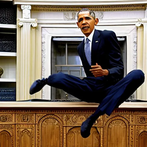 Prompt: barack obama breakdancing on the desk in the oval office